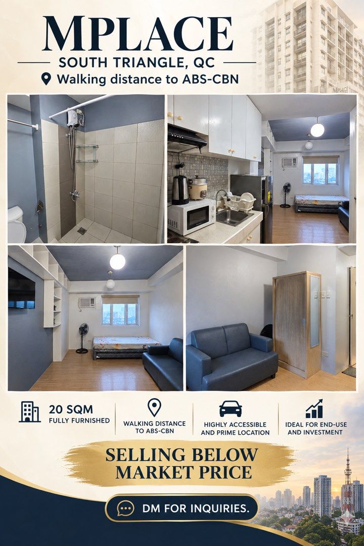 MPlace Condo, South Triangle QC (Category: Apartments & Condos) located in Las Pinas. Submitted by mycollectionph (Listing ID 1461178640, Image 1). Description: MPLACE Residences - SOUTH TRIANGLE Location: Panay Ave., Brgy. South Triangle, Quezon City, Metro Manila Specification: - Studio Type Unit - Fully Furnished & Interiored - 27th Floor (TOWER D) - 20 Sqm - Excellent Cellular / Wifi Signal - Selling Below Market Value Amenities: - Swimming p