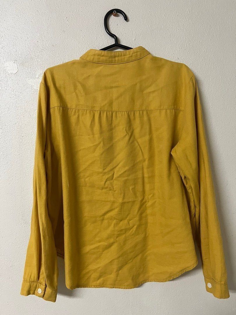 Mustard Button Up Chinese Collar Longsleeve (Category: Longsleeves) located in Mabalacat. Submitted by keb-a (Listing ID 1461169745, Image 2). Description: 🍒 — small — b: 32~34" — w: 24~26" 🍒 — unique chinese (mandarin) collar — button-up front — lightweight, breathable fabric — relaxed fit — bold mustard color — slight discoloration near bottom part button 🍒 — rfs: decluttering — mop: gcash — mod: j&t ଘ(੭*ˊᵕˋ)੭* DM me for inquiries!.