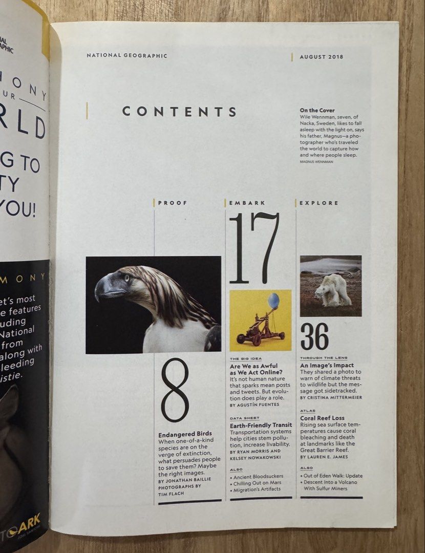 National Geographic Magazine - August 2018 Issue (Category: Magazines) located in San Pedro. Submitted by pageturner19 (Listing ID 1461144462, Image 2). Description: - August 2018 issue of National Geographic magazine - Cover story: The Science of Sleep - Additional articles on: Endangered Birds, Online Behavior, Exotic Butterflies - Ideal for readers interested in science and nature.