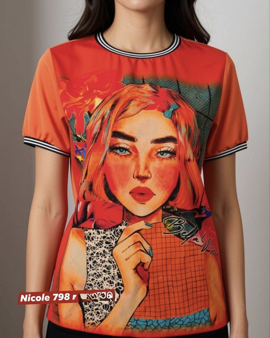 Nicole orange blouse (Category: Blouses) located in Taguig. Submitted by happy.viascloset (Listing ID 1460702865, Image 2). Description: - Eye-catching red t-shirt - Unique portrait graphic - Striped neckline and sleeve cuffs - Lightweight fabric with a subtle sheen - Perfect statement piece for any outfit - Easy to dress up or down.