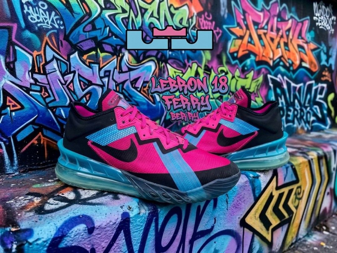 Nike LeBron 18 Low "Ferry" Pink Blue Graffiti (Category: Sneakers) located in Manila. Submitted by romel.20 (Listing ID 1461142895, Image 1). Description: - LeBron 18 Low "Ferre" sneakers - Vibrant pink and blue colorway with black accents - Unique graffiti-inspired design - Translucent blue sole for a standout look - Ideal for both basketball and everyday casual wear - Make a statement with these eye-catching kicks!.