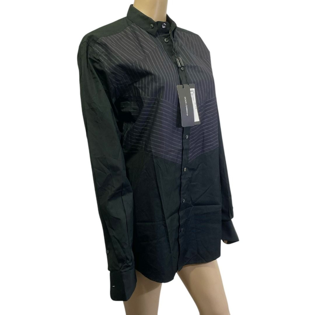 NWT Dolce & Gabbana Martini Black Striped Button Down Shirt (Category: Formal Shirts) located in Cebu City. Submitted by posh_avenue888 (Listing ID 1461283581, Image 2). Description: New with tags. Size 39. Fabric is 100% cotton. 100% authentic!!! Measurements (estimated-taken flat): Shoulders: 18.5 inches; Chest: 21 inches; Sleeves: 26 inches; Length: 31 inches. #Men'sTopsTShirtsBluePlastic.