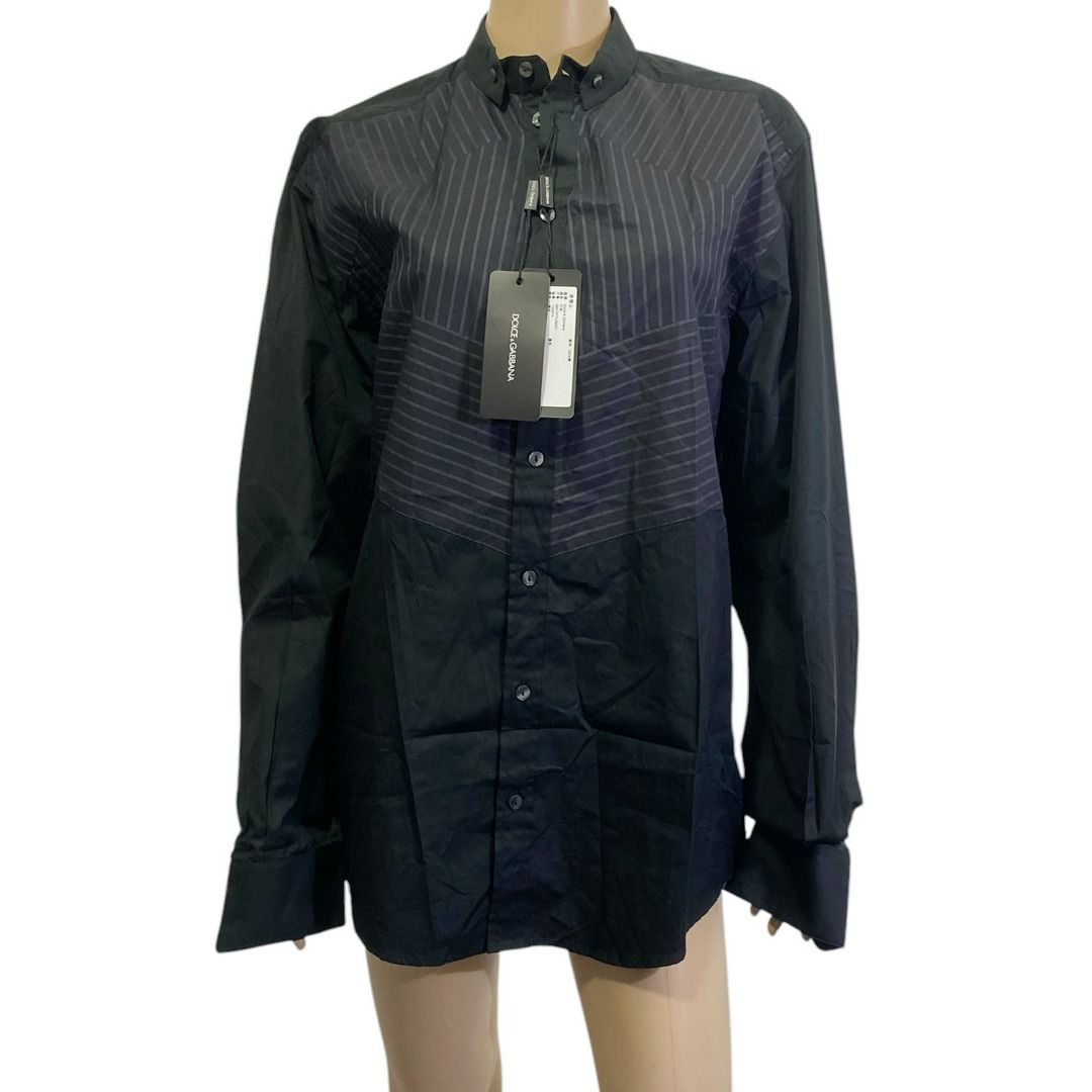 NWT Dolce & Gabbana Martini Black Striped Button Down Shirt (Category: Formal Shirts) located in Cebu City. Submitted by posh_avenue888 (Listing ID 1461283581, Image 1). Description: New with tags. Size 39. Fabric is 100% cotton. 100% authentic!!! Measurements (estimated-taken flat): Shoulders: 18.5 inches; Chest: 21 inches; Sleeves: 26 inches; Length: 31 inches. #Men'sTopsTShirtsBluePlastic.
