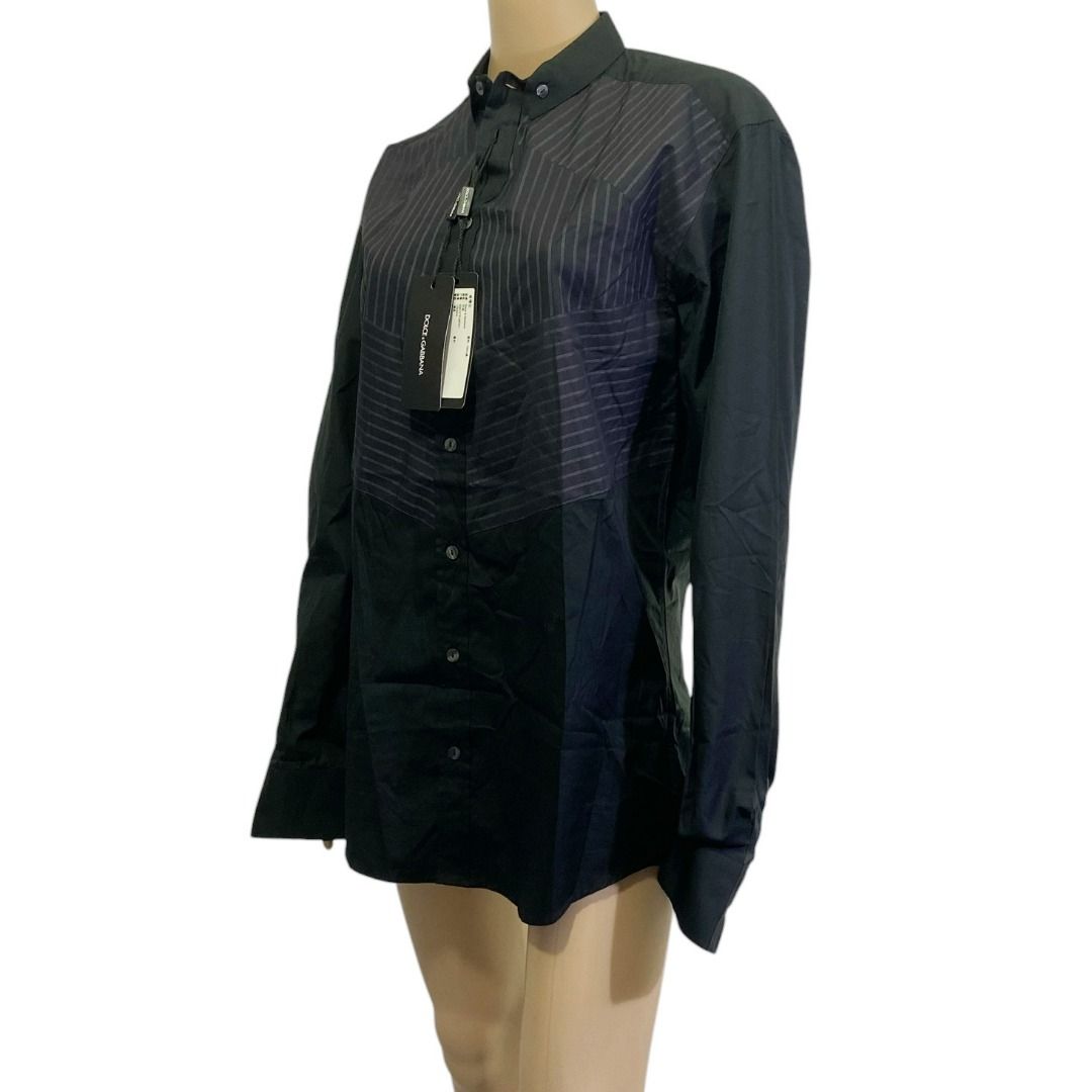 NWT Dolce & Gabbana Martini Black Striped Button Down Shirt (Category: Formal Shirts) located in Cebu City. Submitted by posh_avenue888 (Listing ID 1461283581, Image 3). Description: New with tags. Size 39. Fabric is 100% cotton. 100% authentic!!! Measurements (estimated-taken flat): Shoulders: 18.5 inches; Chest: 21 inches; Sleeves: 26 inches; Length: 31 inches. #Men'sTopsTShirtsBluePlastic.