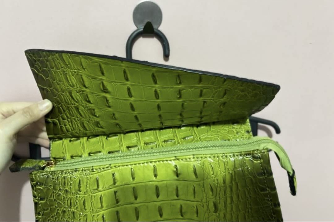 NWT Vegan Leather Sage Croc Convertible Backpack (Category: Luxury Bags & Wallets) located in Baguio. Submitted by declutter94 (Listing ID 1461248478, Image 3). Description: VIRAGO Convertible Backpack in Sage Green. Stylish and versatile, perfect for everyday use, work, school, or travel. • Vegan leather croc finish • Convertible design • Double inside zipper pockets • Back zipper pocket • Side snaps • Color: Sage Green • Size: OS • Condition: N