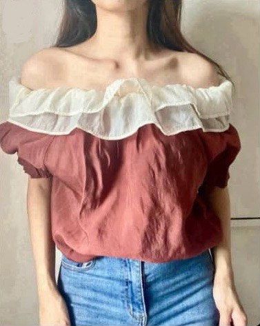 Off-Shoulder Ruffle Top - Brown & Cream (Category: Blouses) located in Manila. Submitted by escherichiaa (Listing ID 1461294672, Image 1). Description: - Cute off-shoulder top - Brown body with cream ruffle neckline - Puff sleeves with elastic cuffs - Versatile: pairs well with jeans or shorts - Ideal for casual day outs or nights with friends - A stylish addition to your wardrobe.