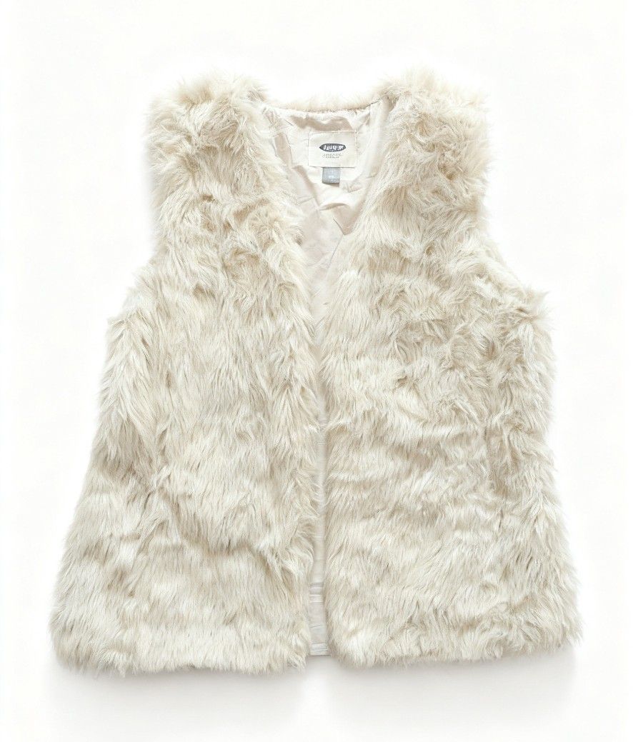 Old Navy Faux Fur Vest (Category: Vests) located in Angeles City. Submitted by allimuztaf_ (Listing ID 1461235821, Image 1). Description: - Old Navy faux fur vest - Cream Color - Size: Medium - Sleeveless design - Open front (no closures) - Soft, fluffy texture.