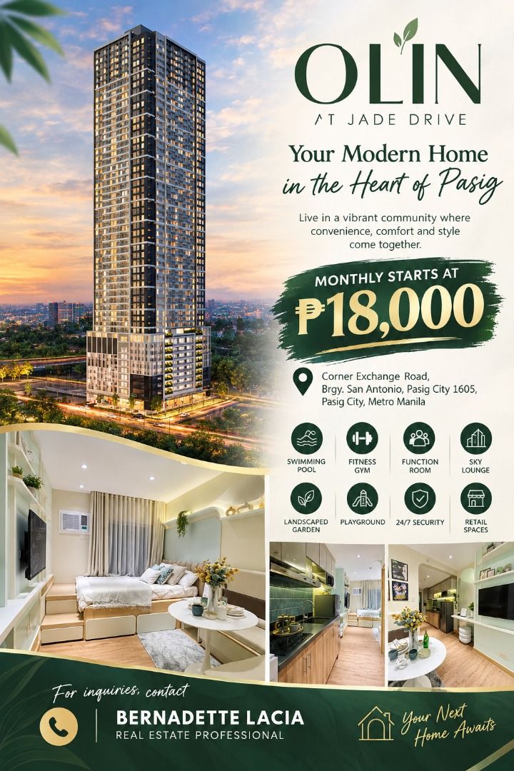 Olin at Jade Drive (Category: Apartments & Condos) located in Caloocan City. Submitted by bernadette143 (Listing ID 1461298270, Image 1). Description: OLIN AT JADE DRIVE — YOUR NEXT ADDRESS IN ORTIGAS Live where business, lifestyle, and convenience come together. 🏙️✨ Discover Olin at Jade Drive, a premium pre-selling condominium strategically located at the corner of Exchange Road, Brgy. San Antonio, Pasig City—right in the heart of the Ortigas 