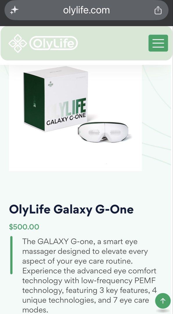 OlyLife Galaxy G-One smart eye massager (Category: Massage Devices) located in Las Pinas. Submitted by yourneighbortotoro (Listing ID 1461270395, Image 3). Description: OlyLife Galaxy G-One PEMF Smart Eye Massager — White & Emerald Green ✨ An advanced wearable eye care device combining 7.8Hz Pulsed Electromagnetic Field (PEMF) technology with 3D airbag kneading, vibration massage, and graphene warm compression to relieve eye strain and fatigue. �