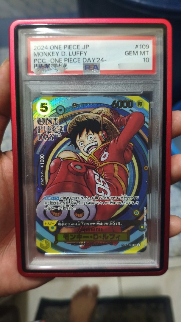 One Piece Monkey D. Luffy JP PSA 10 Gem MT Card (Category: Graded Singles) located in Caloocan City. Submitted by drian_00 (Listing ID 1461290159, Image 1). Description: - 2024 One Piece JP Monkey D. Luffy Card - Graded PSA 10 Gem Mint - PCC One Piece Day '24 Version - Comes in a protective case - Rare and highly collectible item.