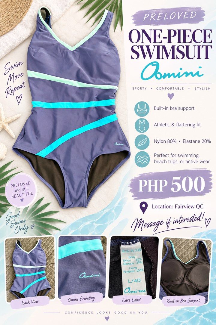Oomini Preloved One-Piece Swimsuit Size L/40 (Category: Bikinis & Swimsuits) located in Quezon City. Submitted by animagemella0129 (Listing ID 1461319652, Image 1). Description: - Preloved Oomini one-piece swimsuit - Size: L/40 - Built-in bra support for comfort and security - Athletic and flattering fit - Material: 80% Nylon, 20% Elastane - Ideal for swimming, beach days, or active wear - Location: Fairview, Quezon City - Message to inquire!.