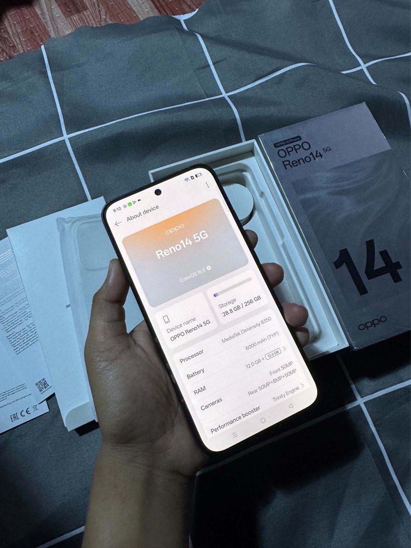 OPPO RENO 14 5G (Category: OPPO) located in Manila. Submitted by rcvrnn (Listing ID 1461263513, Image 3). Description: OPPO RENO 14 5G 12GB RAM | 256GB ROM 6.59 INCH AMOLED 120Hz DISPLAY MEDIATEK DIMENSITY 8350 PROCESSOR 6000 mAh BATTERY 80W SUPERVOC FAST CHARGING INCLUSION: Original Box, Charger, Cord, Sim Injector and Case 17,500.