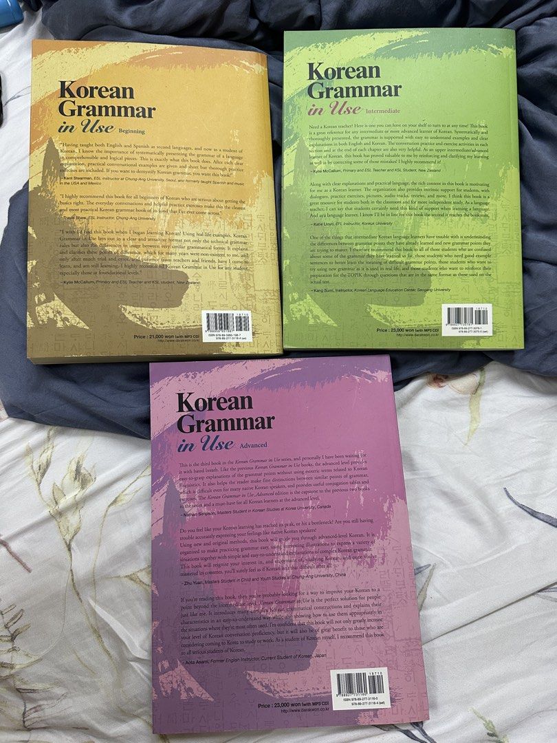 Original Korean Grammar in Use Set Beginning Intermediate Advanced (Category: Textbooks) located in Manila. Submitted by declutteringlot (Listing ID 1461211560, Image 2). Description: Bought at Korean Airport With CD (never played).
