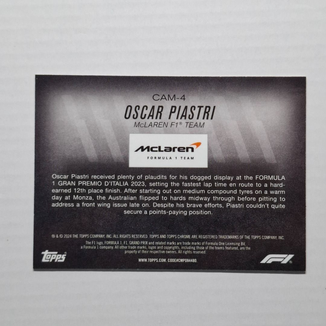 Oscar Piastri ｜ 2024 Topps Chrome F1 Camber #CAM-4 McLaren F1 Team 邁凱倫車隊 F1 Formula 1 Racing 賽車 球星卡 F1-008 （分類：原色卡片）位於 Hong Kong。 由 secondhand.89 提交（商品編號 1461210003，圖片 2）。簡介： "• 卡況如圖 • SF到付或包平郵 • 寄出會用bubble信封+卡夾，包裝會保護好卡片才寄出 • 面交地點時間詳談 • 請善用carousell 購買功能" 。