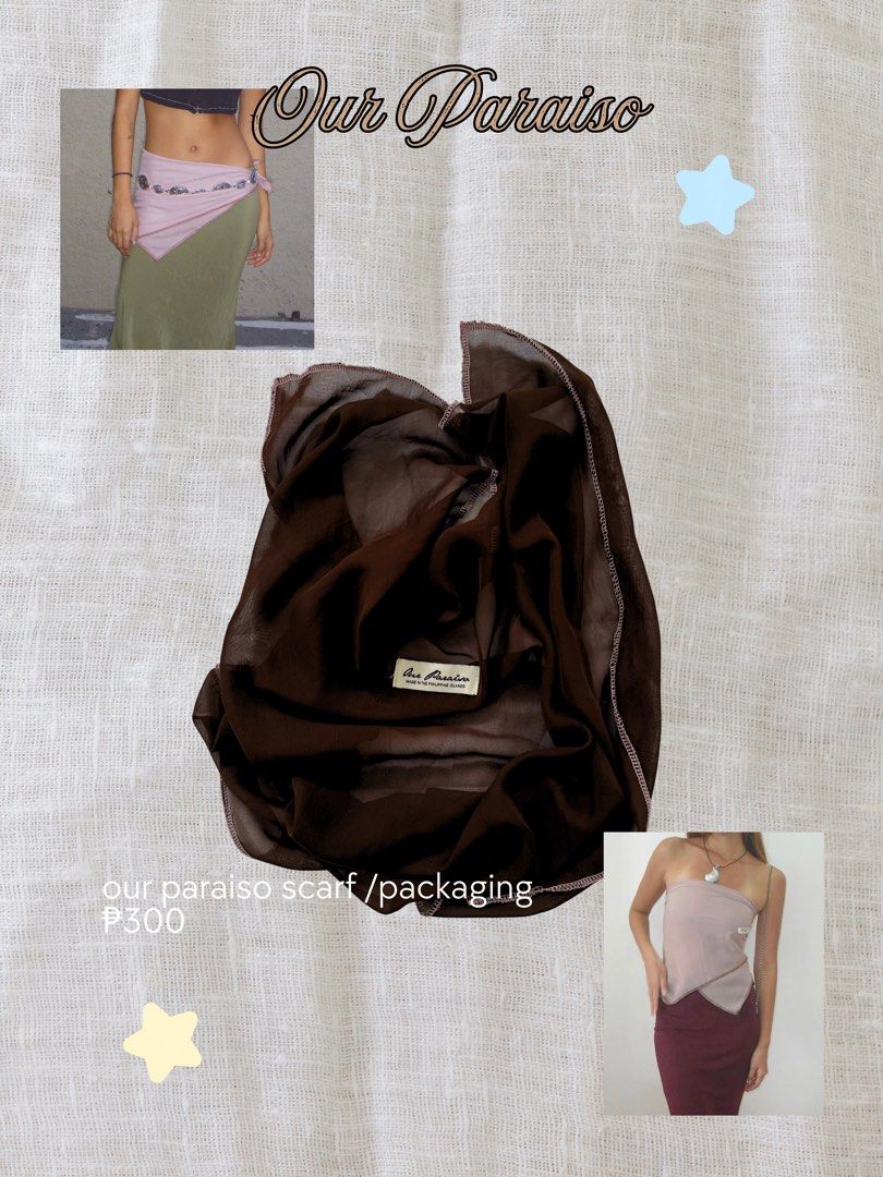 Our Paraiso Sheer Scarf (Category: Scarves) located in Bacoor. Submitted by sweetsrirachaaa (Listing ID 1461128055, Image 1). Description: - Sheer scarf from Our Paraiso - Color: Brown - Versatile styling: can be worn as a top or accessory - Styling ideas shown in photos.