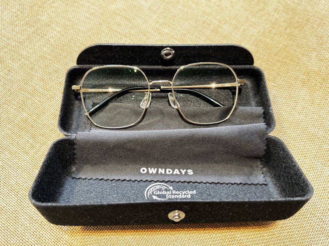 OWNDAYS Eyeglasses with Case and Cloth (Category: Sunglasses & Eyewear) located in Cebu City. Submitted by jov_146 (Listing ID 1461270895, Image 1). Description: - OWNDAYS gold-rimmed eyeglasses - Includes original hard case - Comes with cleaning cloth featuring Global Recycled Standard logo - Ideal for everyday wear - Sold as a complete set.