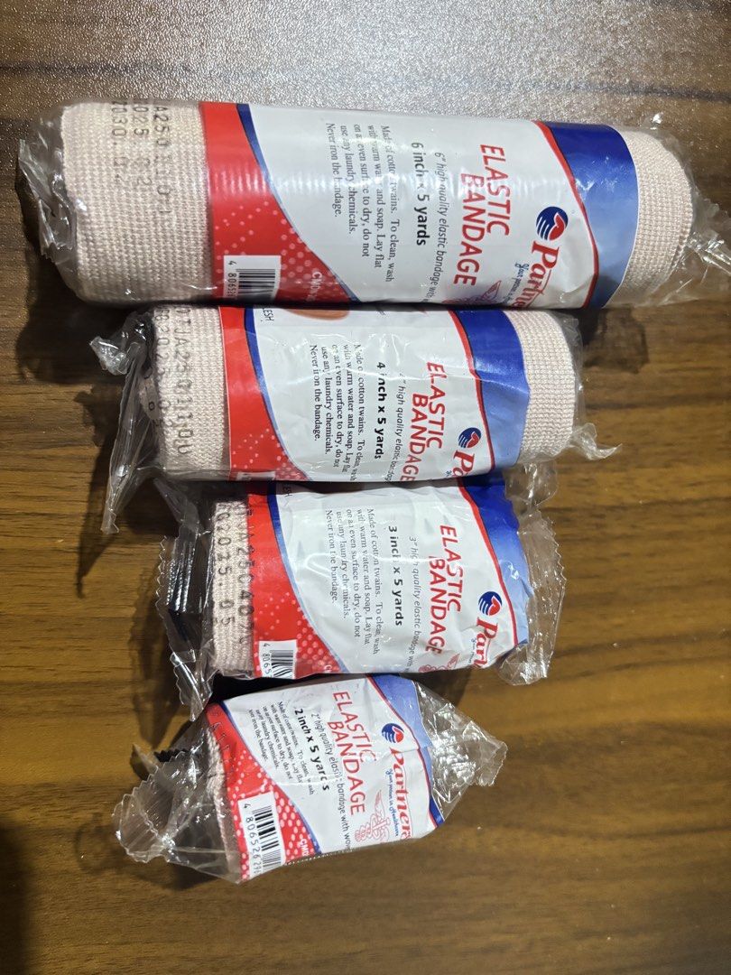 Partner Elastic Bandage Rolls (Various Sizes) (Category: Medical Supplies & Tools) located in Manila. Submitted by rosel2001 (Listing ID 1461286772, Image 1). Description: - Set of Partner elastic bandages - Includes widths: 6 inch, 4 inch, 3 inch, and 2 inch - All rolls are 5 yards long - Ideal for sprains, support, and general first aid needs.