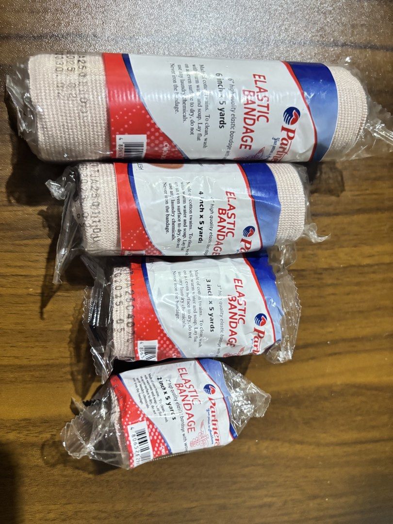 Partner Elastic Bandage Rolls (Various Sizes) (Category: Medical Supplies & Tools) located in Manila. Submitted by rosel2001 (Listing ID 1461286772, Image 2). Description: - Set of Partner elastic bandages - Includes widths: 6 inch, 4 inch, 3 inch, and 2 inch - All rolls are 5 yards long - Ideal for sprains, support, and general first aid needs.