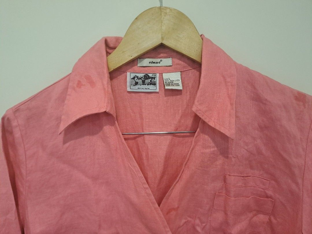 Peach linen longsleve (Category: Longsleeves) located in Manila. Submitted by joanbalde39643 (Listing ID 1461227310, Image 2). Description: That is a pink linen wrap blouse featuring a flattering side-tie closure and a classic collared neckline. fit to medium to large..