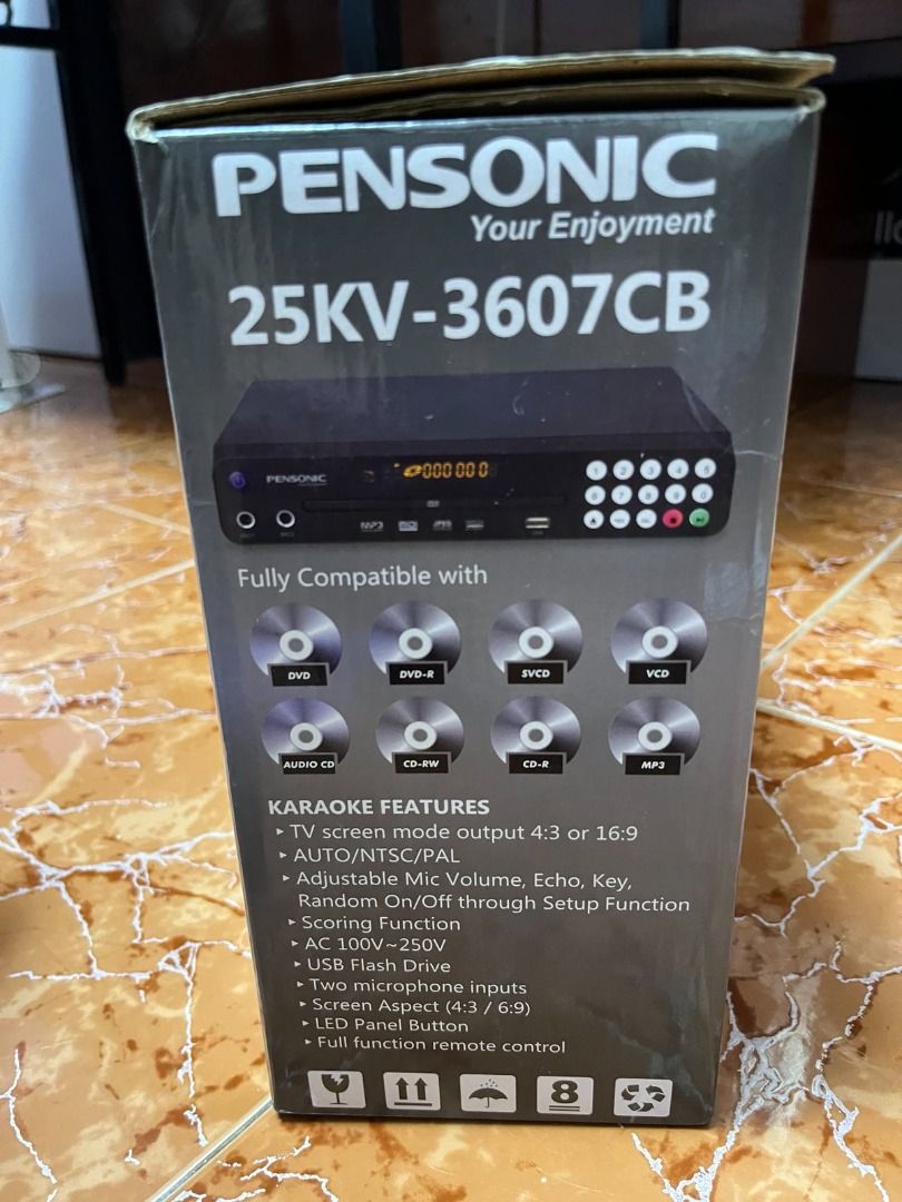 Pensonic 25KV-3607CB Karaoke Player with Songbook (Category: Portable Music Players) located in Muntinlupa City. Submitted by raulbee (Listing ID 1461209310, Image 2). Description: - Pensonic Karaoke Player Model: 25KV-3607CB - Plays: DVD, MP3, VCD, CD, CD-RW, Picture CD, MPEG4 - Features: Full band accompaniment sound - Song Updates: 200 new songs added every 3 months - Video Background: Built-in 80-minuteS total - Includes: Songbook Note: Matag