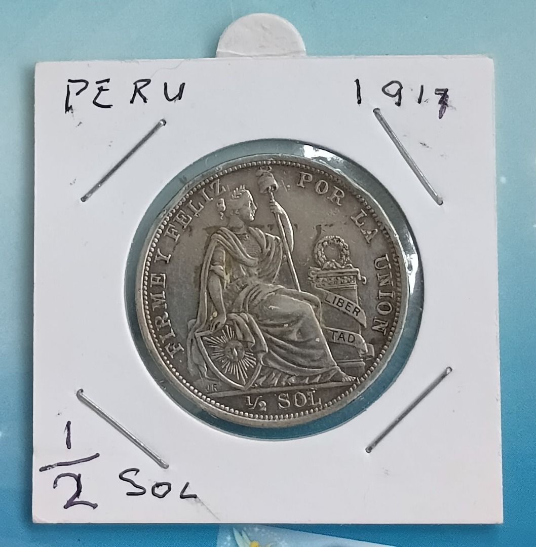 Peru Half Sol 1917 Silver Coin (Category: Currency) located in Quezon City. Submitted by allaboutcollectibles (Listing ID 1461121101, Image 1). Description: What you see is what you get. Issuer: Peru Years: 1917 Value: 1/2 Sol Composition: Silver (.900) Weight: 12.5 g Diameter: 30 mm Thickness: 2 mm This coin is guaranted genuine, thank you for visiting my store. .