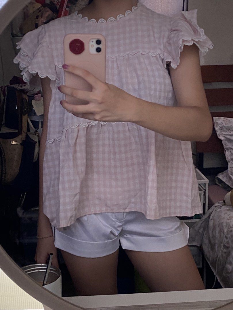 pink gingham babydoll top (Category: Blouses) located in Caloocan City. Submitted by v6nnies (Listing ID 1461213330, Image 2). Description: pink babydoll top pinned on the armhole so it would fit me best fits m-l one of my best thrift finds! price is negotiable .
