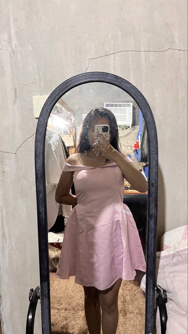 Pink Satin Off-Shoulder Mini Dress (Category: Dresses) located in Tagum. Submitted by _prelovedbyzl (Listing ID 1460476692, Image 2). Description: Pink Satin Off-Shoulder Dress • Brand: SHEIN MOD • Color: Soft pink • Material: Satin • Style: Off-shoulder with short sleeves • Fit: Fitted bodice with flared skirt • Condition: Preloved / good condition • Perfect for birthdays, parties, dates, events, or semi-formal occasions.