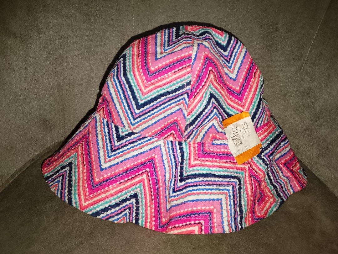 Playful Pattern Bucket Hat (Category: Hats & Beanies) located in Binangonan. Submitted by yuristalin888 (Listing ID 1461306440, Image 3). Description: Add a vibrant splash of color to your sunny days with this playful patterned hat. Featuring a dynamic zig-zag chevron design in shades of pink, turquoise, navy, and white, this cheerful accessory stands out effortlessly. Complete with an original store tag showing a $3.49 price point, it offers a f
