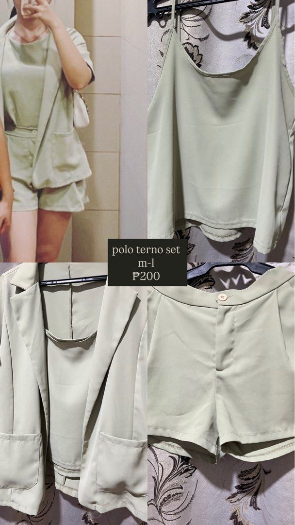 Polo Terno Set m-l (Category: Sets or Coordinates) located in Manila. Submitted by jamalynnah (Listing ID 1461135084, Image 1). Description: - Light green polo terno set - Includes: Blazer, Camisole, Shorts - Size: M-L - Versatile: Great for casual or semi-formal looks.