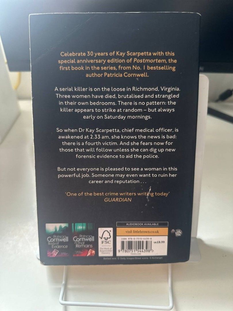 Postmortem by Patricia Cornwell 30th Anniversary Edition (Category: Storybooks) located in Imus. Submitted by t0t3fairi3 (Listing ID 1461142407, Image 2). Description: Celebrate 30 years of Kay Scarpetta with this special anniversary edition of Postmortem, the first book in Patricia Cornwell's bestselling series. A serial killer is targeting women in Richmond, Virginia, striking randomly on Saturday mornings..