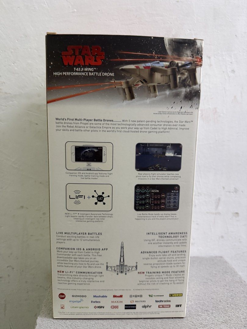 Propel Star Wars T-65 X-Wing 戰鬥無人機 （分類：汽車模型）位於 Hong Kong。 由 ohwada 提交（商品編號 1461157252，圖片 3）。簡介： Propel Star Wars T-65 X-Wing 戰鬥無人機。有智能飛行技術同埋Li-Fi通訊。可以多人對戰，最高速度30mph。有反向推進系統。送禮自用都唔錯。。