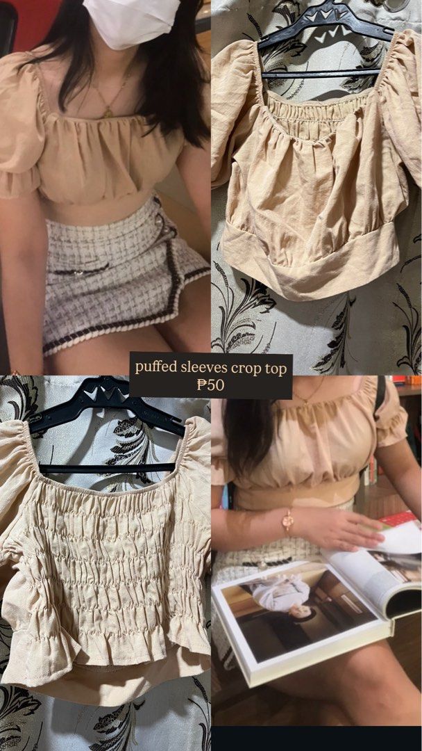 Puffed Sleeves Square Neck Crop Top (Category: Blouses) located in Manila. Submitted by jamalynnah (Listing ID 1461133363, Image 1). Description: - Cute beige crop top - Puffed sleeves - Square neckline - Shirred front detailing - Elasticated neckline and sleeves for comfort - Versatile for casual outings or dressing up - Pairs well with skirts or high-waisted pants.