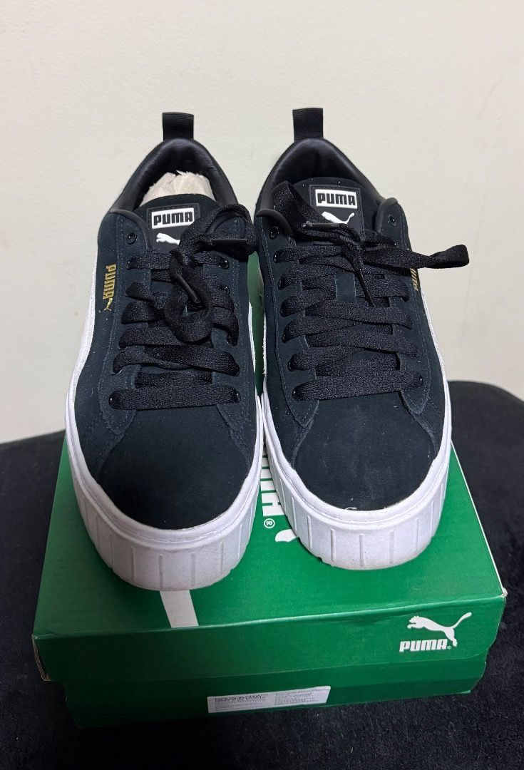 Puma Mayze Suede Platform Sneakers Black White (Category: Sneakers) located in Pasig City. Submitted by holybeany.earth (Listing ID 1461300124, Image 2). Description: - Puma Mayze Suede platform sneakers - Color: Black with white stripe detail - Chunky white sole - Includes original box - Size: 6.5 UK / 40 EU.