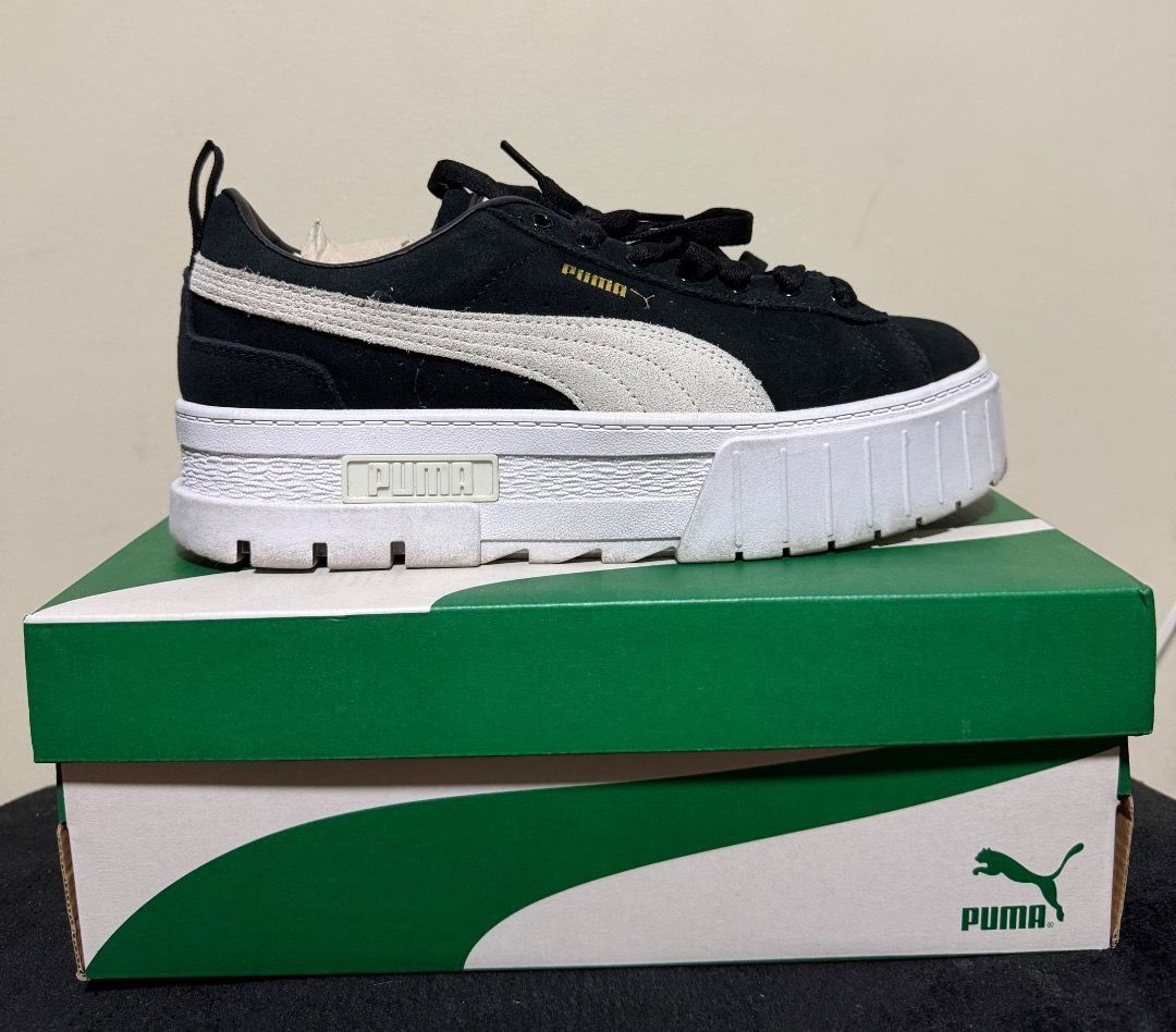 Puma Mayze Suede Platform Sneakers Black White (Category: Sneakers) located in Pasig City. Submitted by holybeany.earth (Listing ID 1461300124, Image 1). Description: - Puma Mayze Suede platform sneakers - Color: Black with white stripe detail - Chunky white sole - Includes original box - Size: 6.5 UK / 40 EU.
