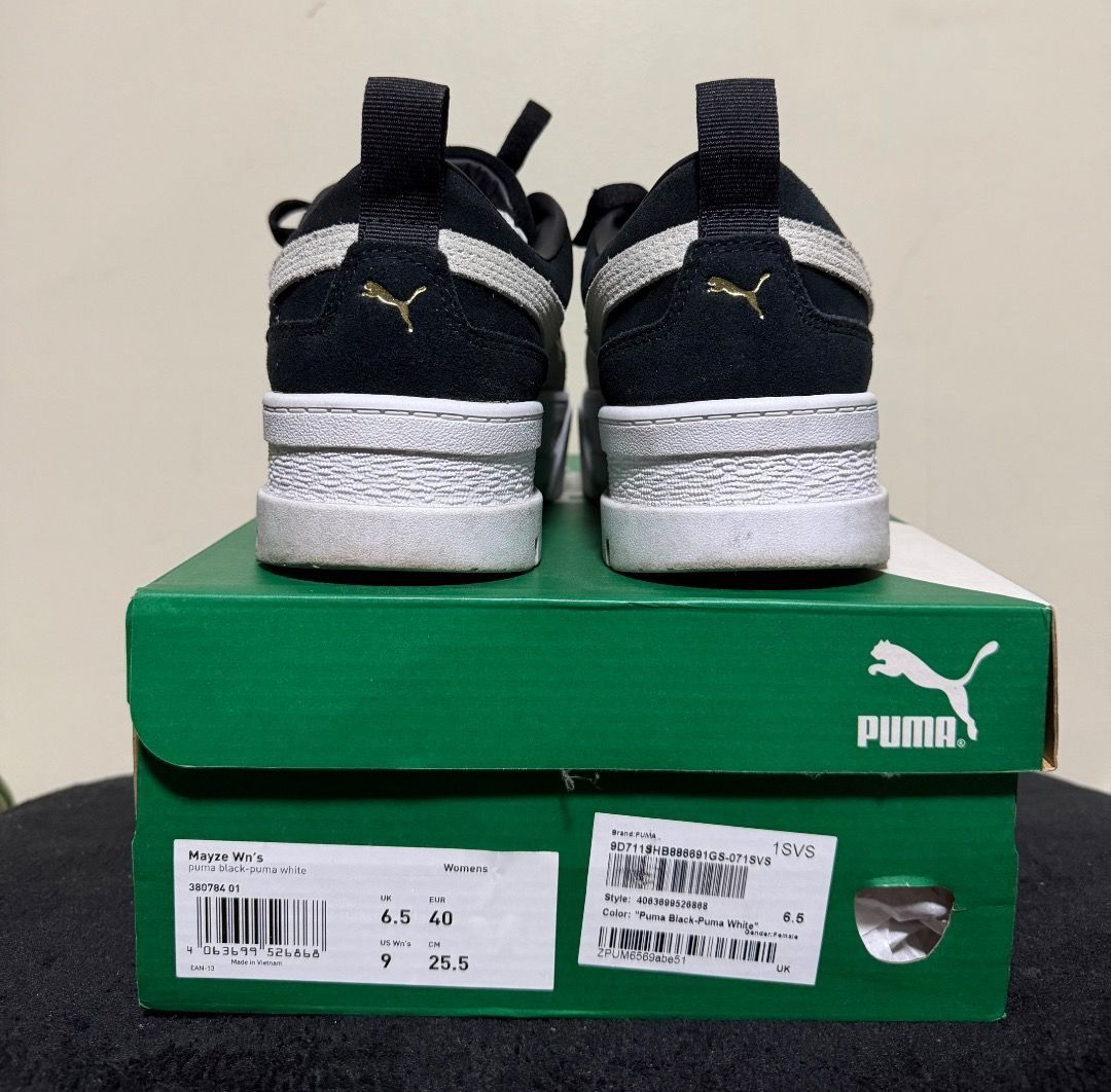 Puma Mayze Suede Platform Sneakers Black White (Category: Sneakers) located in Pasig City. Submitted by holybeany.earth (Listing ID 1461300124, Image 3). Description: - Puma Mayze Suede platform sneakers - Color: Black with white stripe detail - Chunky white sole - Includes original box - Size: 6.5 UK / 40 EU.