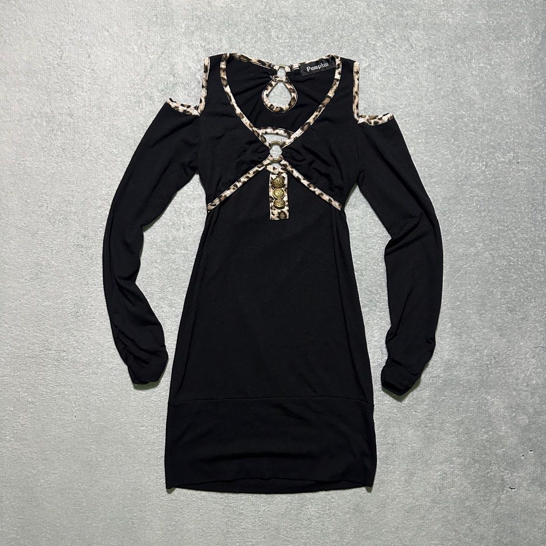 Pumpkin Black Cold Shoulder Leopard Trim Dress (Category: Dresses) located in Bayombong. Submitted by rochelle_archive_garments (Listing ID 1461322590, Image 2). Description: - Elegant black long-sleeved dress - Flattering cold shoulder cutouts - Eye-catching leopard print trim on neckline and cutouts - Front keyhole detail with gold rings and decorative buttons - Comfortable fabric with stretch - Ideal for a stylish night out.