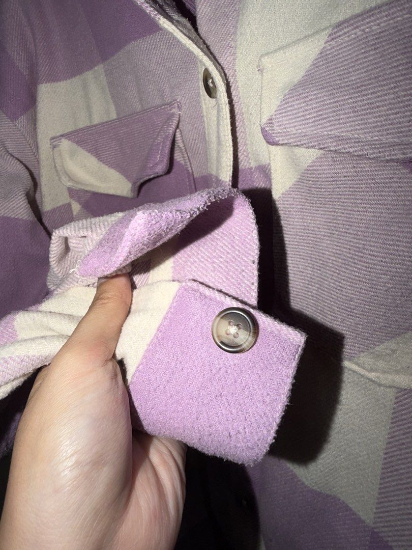 Purple and White Plaid Oversized Shirt Jacket (Category: Coats, Jackets and Outerwear) located in Caloocan City. Submitted by lorineeee (Listing ID 1461243726, Image 3). Description: - this is on H&M’s kids section, can fit up to Medium size (expect na oversized fit for Small sized) - dm for when worn - slight negotiable - GCash, GoTyme - dm for inquiries.