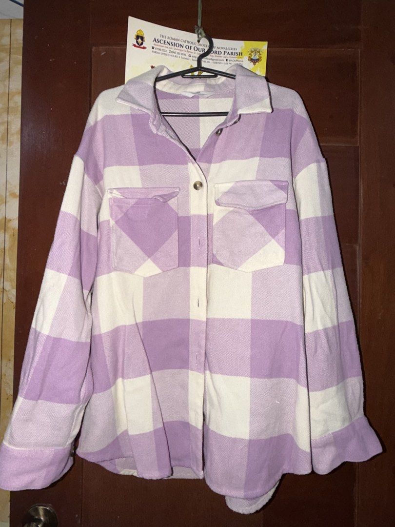 Purple and White Plaid Oversized Shirt Jacket (Category: Coats, Jackets and Outerwear) located in Caloocan City. Submitted by lorineeee (Listing ID 1461243726, Image 1). Description: - this is on H&M’s kids section, can fit up to Medium size (expect na oversized fit for Small sized) - dm for when worn - slight negotiable - GCash, GoTyme - dm for inquiries.