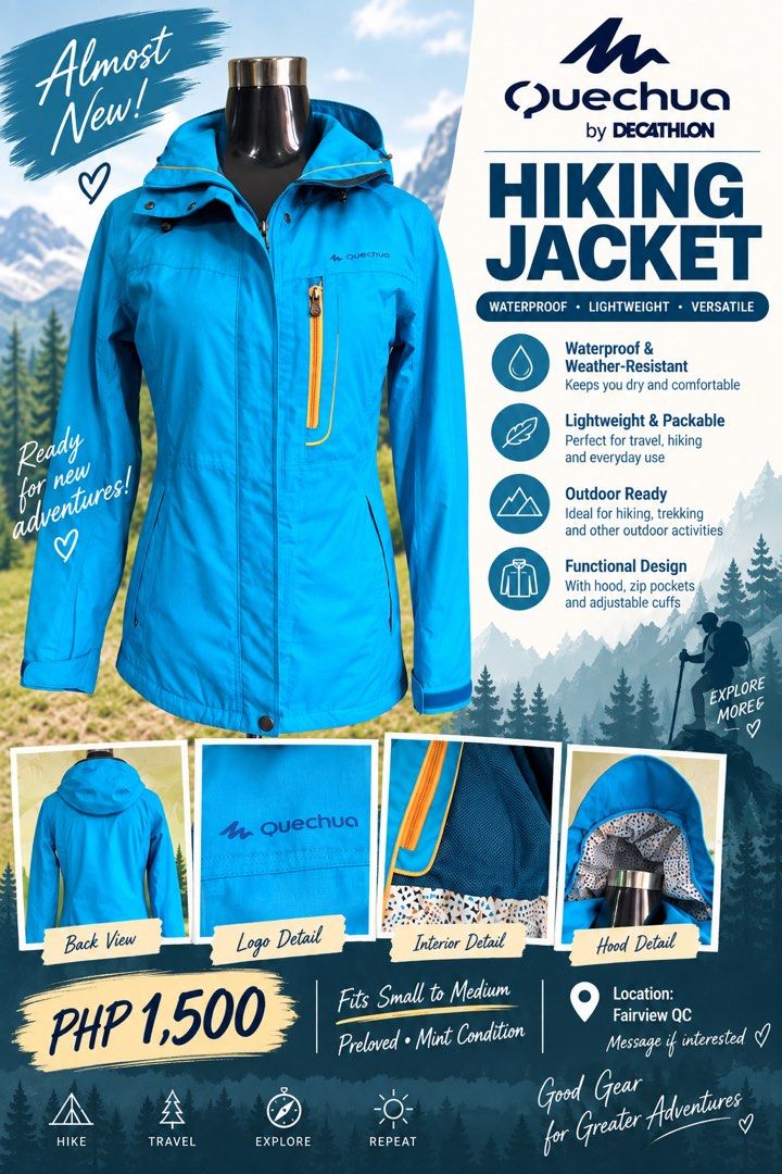 Quechua by Decathlon Waterproof Hiking Jacket (Category: Coats, Jackets and Outerwear) located in Quezon City. Submitted by animagemella0129 (Listing ID 1461319400, Image 1). Description: - Blue Quechua by Decathlon hiking jacket - Waterproof and weather-resistant - Lightweight and packable, ideal for travel - Functional design: hood, zip pockets, adjustable cuffs - Size: Fits Small to Medium - Perfect for your next outdoor adventure!.