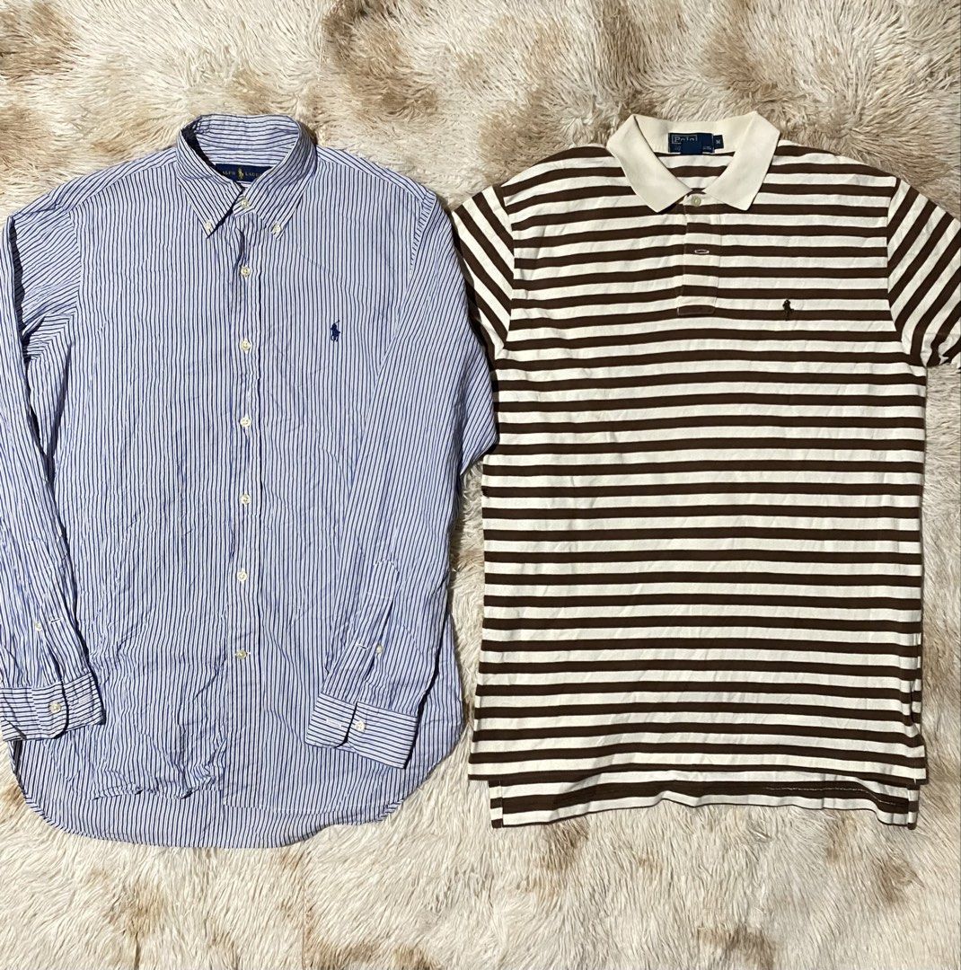 Ralph Lauren Polo Shirts Bundle (Category: Coats, Jackets and Outerwear) located in Kabacan. Submitted by catnboots (Listing ID 1461241246, Image 1). Description: - Bundle includes two classic Ralph Lauren shirts. - One long-sleeve blue pinstripe button-down shirt. - One short-sleeve brown and white striped polo shirt. - Both shirts feature the signature Ralph Lauren pony logo. - Ideal for versatile casual wear and layering. - Both size large..