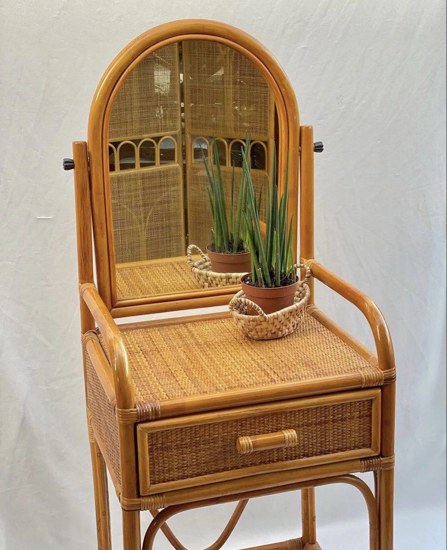 Rattan Vanity Table with Mirror and Drawer (Category: Tables & Sets) located in Makati City. Submitted by u.4.ria (Listing ID 1461156268, Image 3). Description: - Vintage rattan vanity table - newly installed adjustable mirror - Includes a single storage drawer - Natural, rattan aesthetic - Ideal for bedrooms or dressing areas - Versatile for makeup or as a small desk.