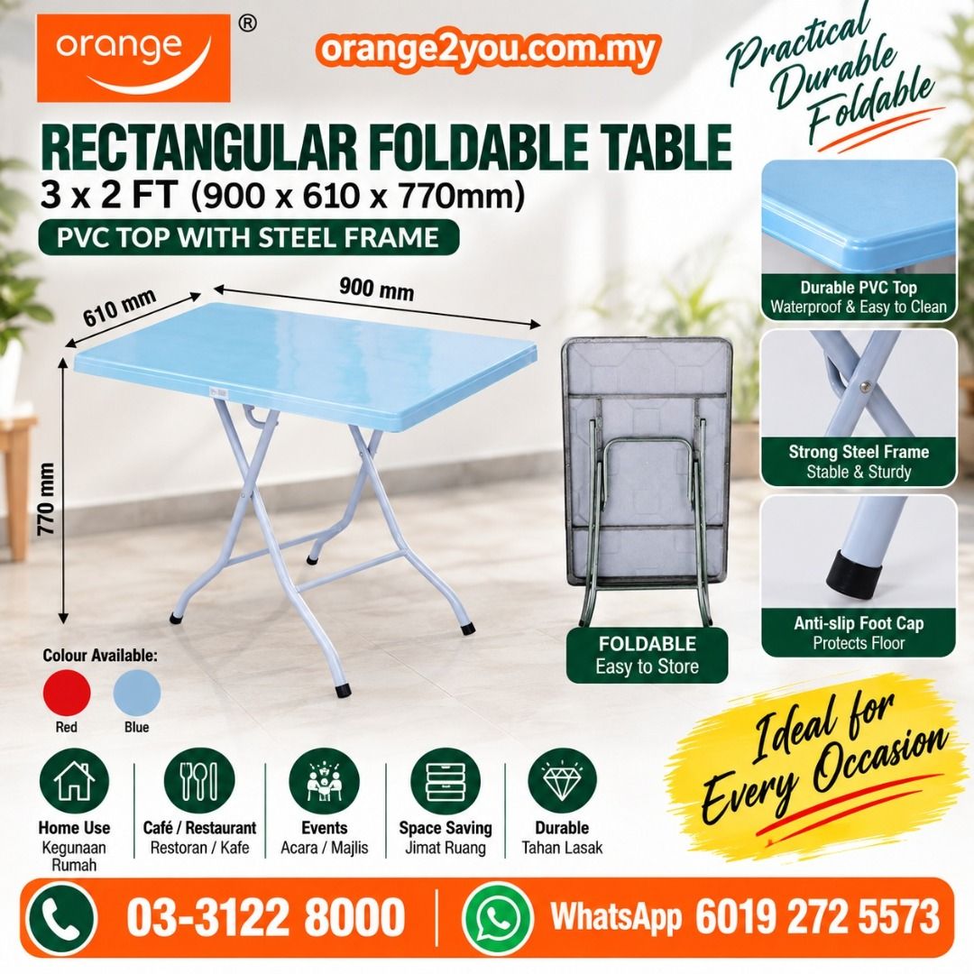 Rectangular 2' x 3' Plastic Foldable Table (Category: Tables & Sets) located in Telok Panglima Garang. Submitted by orange_online_store (Listing ID 1461222014, Image 1). Description: Rectangular 2' x 3' Plastic Foldable Table – EFRT 882 RM100 / unit Standard Delivery: RM20 Practical, strong and foldable — suitable for home, café, restaurant, mamak, bistro, events, catering and everyday use. Model: EFRT 882 Dimension: L915 × W610 × H770mm Table To