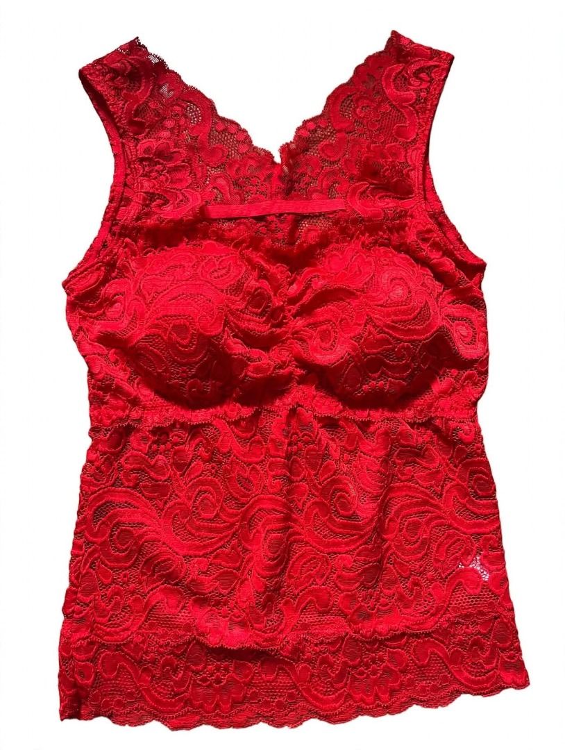 Red Lace Tank Top#94 (Category: Sleeveless) located in Caloocan City. Submitted by outfitloop (Listing ID 1461217706, Image 2). Description: - Cute red lace tank top - Features ruched detail in the front - Scalloped V-neckline - Sleeveless design IMPORTANT: • 1st photo is an AI styling/model preview for reference on how the item may look when worn. • Please refer to the actual photos for the item’s true appearance and condition. • Color may sligh
