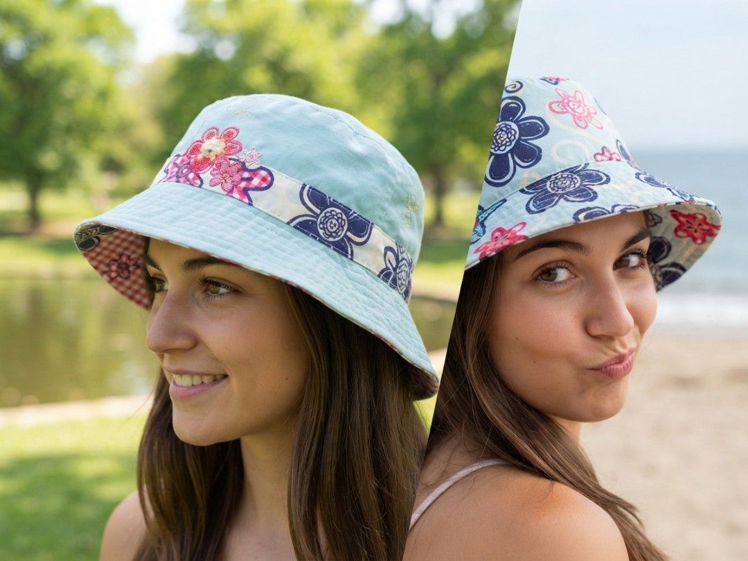 Reversible Bucket Hat (Category: Hats & Beanies) located in Binangonan. Submitted by yuristalin888 (Listing ID 1461307601, Image 1). Description: Stay sun-safe and stylish with this versatile, reversible bucket hat. One side features a classic light blue denim fabric accented by a colorful floral and patterned ribbon band. The other side displays a playful, all-over dark blue floral print on a light background, complemented by a red-and-white che
