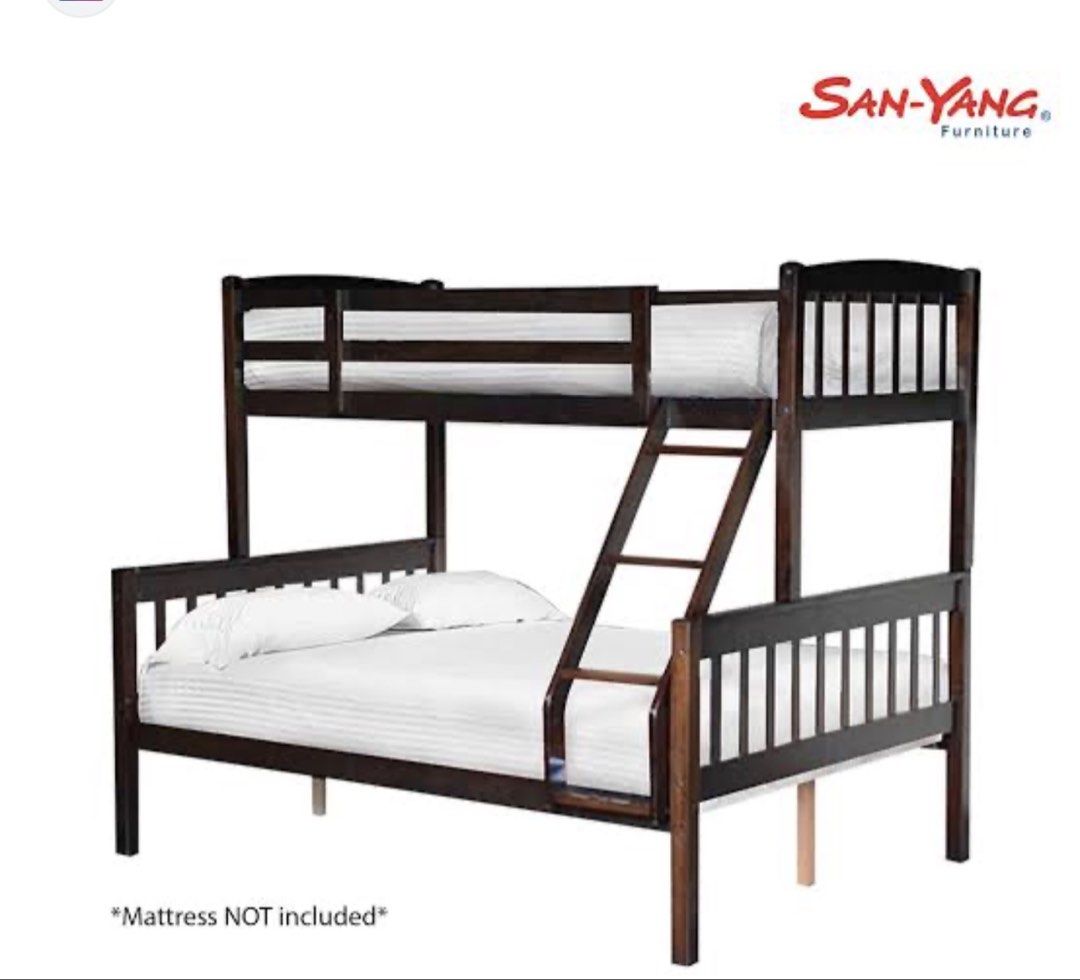 San-Yang Dark Wood Bunk Bed (Category: Bed Frames & Mattresses) located in Cainta. Submitted by camillaaas (Listing ID 1461227952, Image 1). Description: - San-Yang dark wood bunk bed - Sturdy wooden frame - Ladder access to top bunk - Bottom bunk: Full size - Top bunk: Single size - Mattress include only for the full size - Ideal for saving space Bought this for 19k and now selling for 7k Nego for sure buyers Pm for more details.
