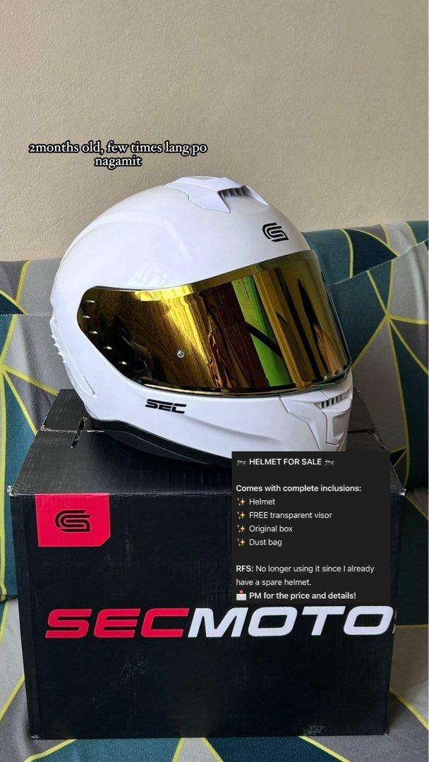 SEC Full Face Helmet with Gold Visor (Category: Helmets and other Riding Gears) located in Manila. Submitted by archivedbylevi (Listing ID 1461203362, Image 1). Description: - SEC Full Face Helmet - Only 2 months old - Used only a few times - Includes original box and dust bag - FREE transparent visor included - Selling because I have a spare helmet - Message for price and more details!.
