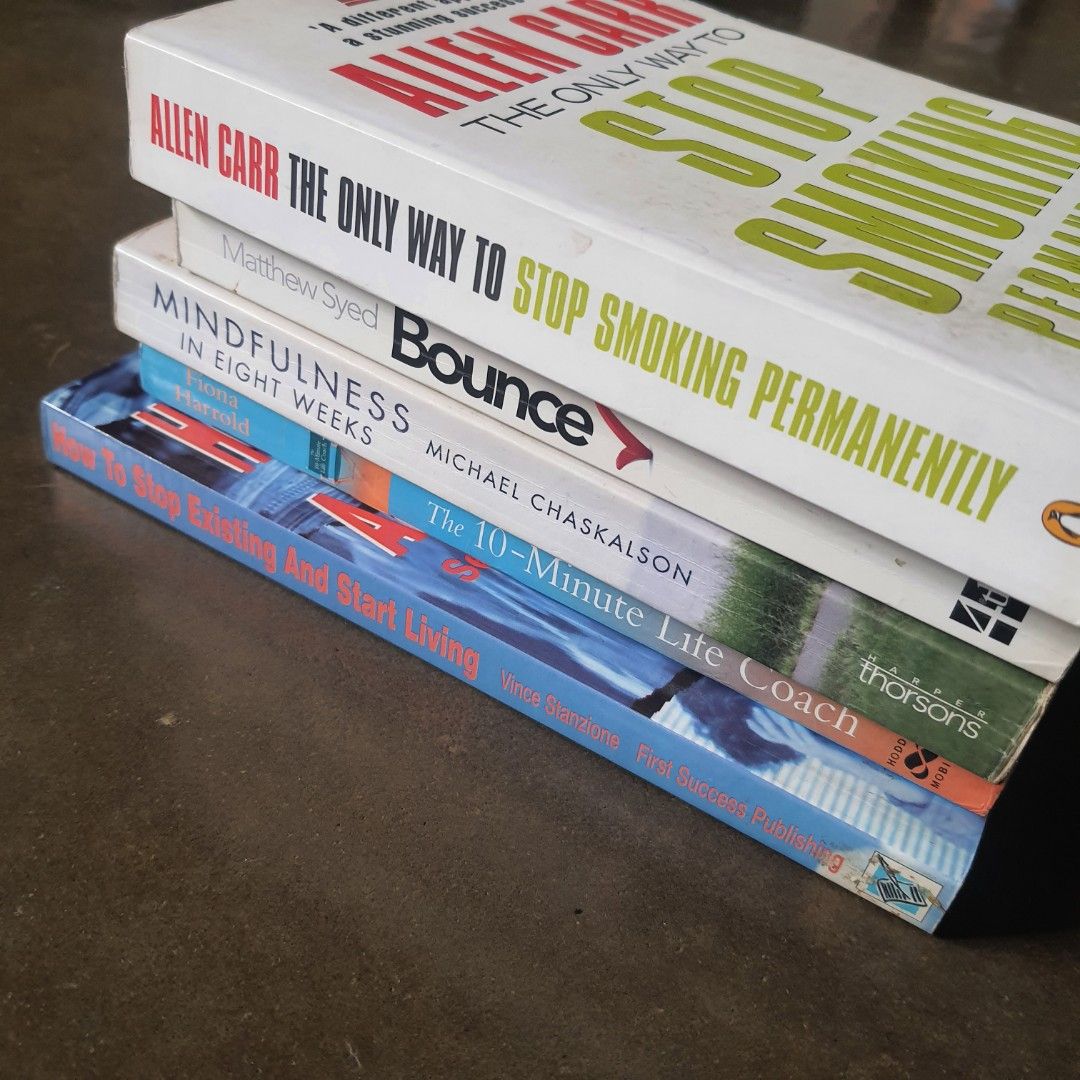 Self-Help & Personal Development Books Bundle (Category: Storybooks) located in Tarlac. Submitted by jajubells (Listing ID 1461185728, Image 2). Description: - Bundle of 5 self-help and personal development books. - Titles include: 'Bounce', 'The Only Way to Stop Smoking Permanently', 'The 10-Minute Life Coach', 'Mindfulness in Eight Weeks', and 'How to Stop Existing and Start Living'. - Ideal for anyone looking for personal growth and habit chan