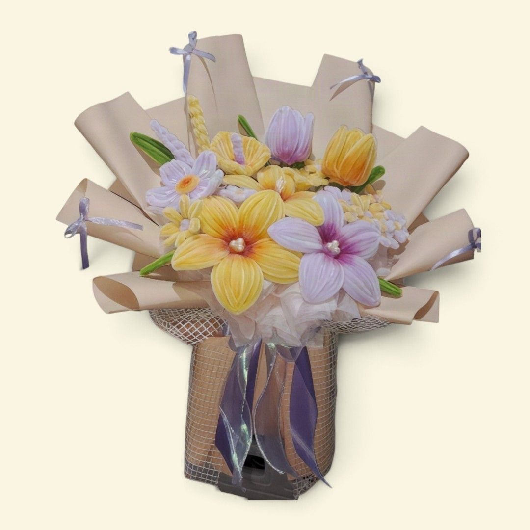 Semi Big Handmade Flower Bouquet (Category: Flowers & Bouquets) located in Santa Cruz. Submitted by xyleigh_777 (Listing ID 1461153833, Image 1). Description: - Beautiful handmade flower bouquet - Features a mix of yellow, purple, and white flowers - Wrapped in brown paper with purple ribbons - Perfect for gifting (birthdays, anniversaries, etc.) or as a decorative piece - Adds a vibrant pop of color to any space.
