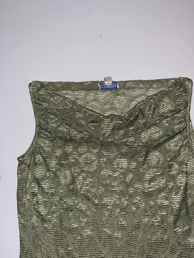 Sheer Mesh Sleeveless Top (Category: Sleeveless) located in Dagupan City. Submitted by shanadongsb (Listing ID 1461295587, Image 2). Description: - Olive green sheer mesh top - Unique all-over textured pattern - Sleeveless design - Cowl neckline - Lightweight and breathable fabric - Perfect for layering or wearing solo.