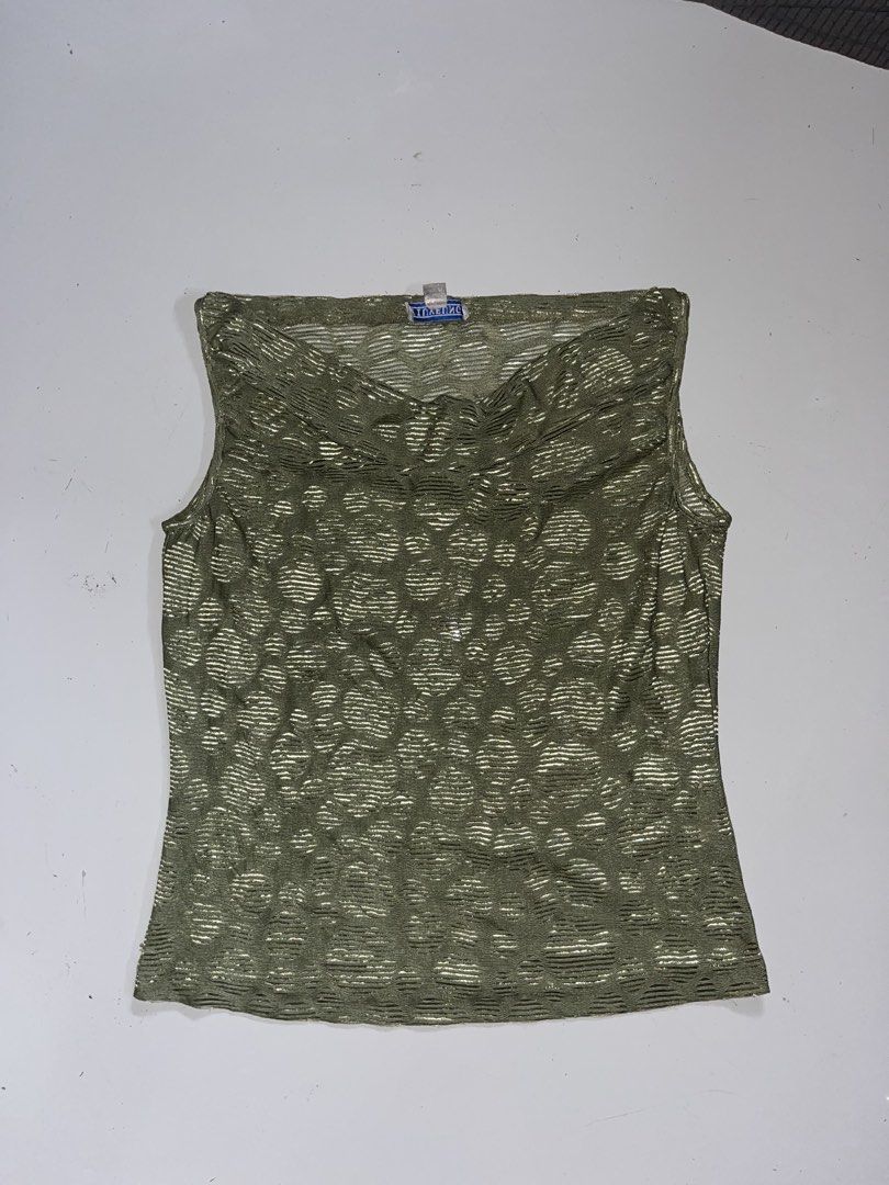 Sheer Mesh Sleeveless Top (Category: Sleeveless) located in Dagupan City. Submitted by shanadongsb (Listing ID 1461295587, Image 1). Description: - Olive green sheer mesh top - Unique all-over textured pattern - Sleeveless design - Cowl neckline - Lightweight and breathable fabric - Perfect for layering or wearing solo.